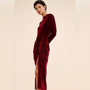 Aureta Valletta Velveteen Ruby Red Ruched Slit Gown - Medium